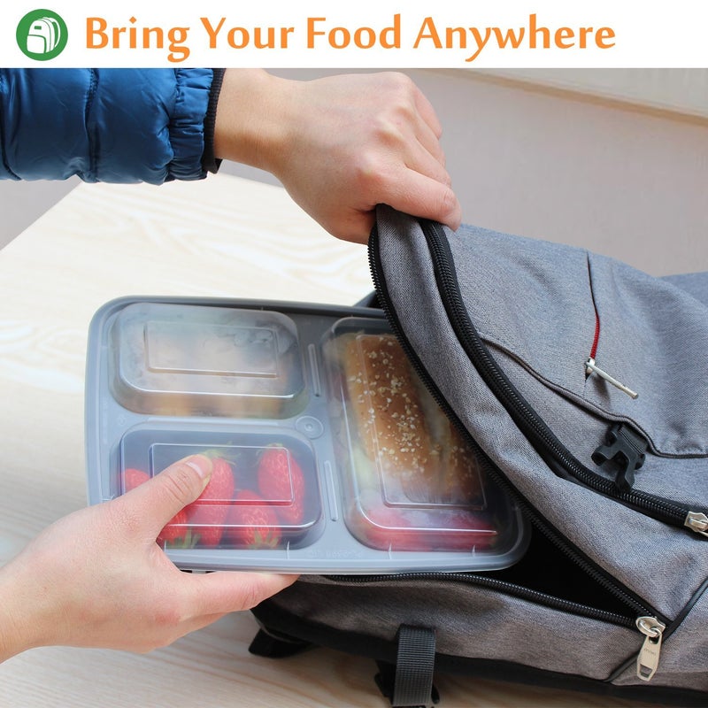 Enther Meal Prep Containers [20 Pack] 36oz 3 Compartment with Lids, Food Storage Bento Box with Souffle Cups BPA Free/Reusable/Stackable, Microwave/Freezer/Dishwasher Safe, Portion Control Black - Image 4